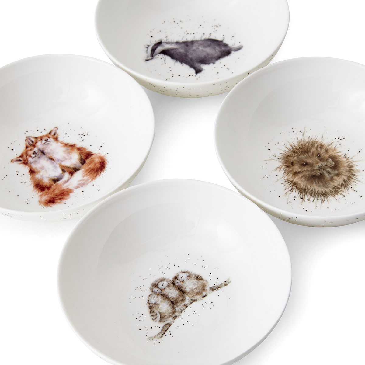 Wrendale Designs Ceral Bowls S/4 Assorted. Badger, Hedgehog, Fox, Owl image number null